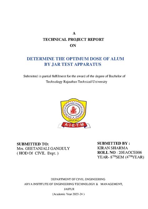 Jar test report Kiran - jar test h ye dekh lo - A TECHNICAL PROJECT ...