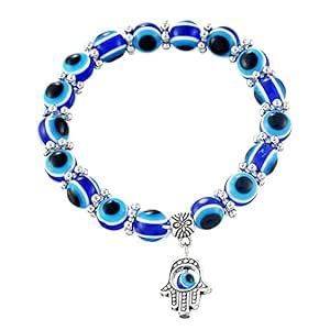 Buy ASRA CRYSTAL Evil Eye Hamsa Blue Beaded Charm Stretch Bracelet Hand ...