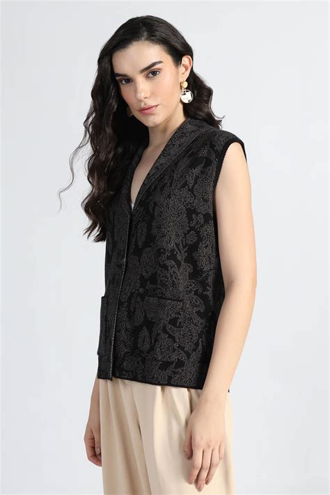 Buy SHAWL COLLAR ORIENTAL FLORAL SLEEVELESS CARDIGAN Online in India