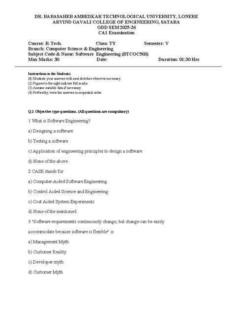 Software Engineering CA1 Exam Paper - B. Tech TY CSE (BTCOC503) - Studocu