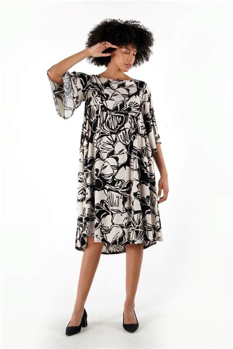 Siyah Desenlı Yarasa Kollu Rahat Kalıp Midi Elbise | ALEXANDERGARDI