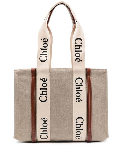 Chloé Neutral Woody Medium Canvas Tote Bag - Women's - Linen/flax/calf ...