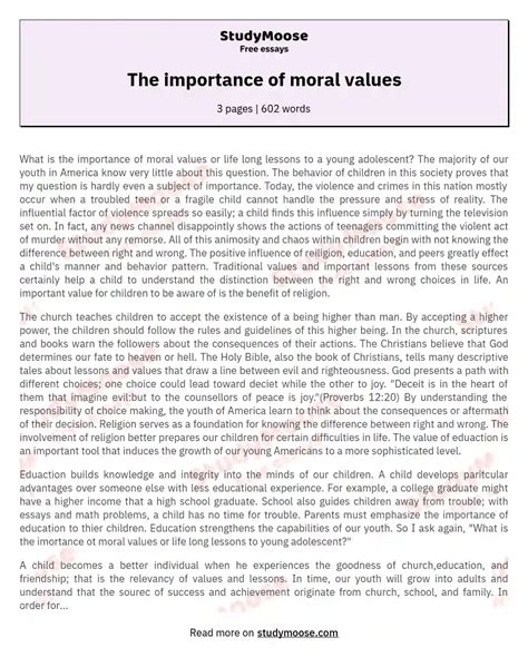 The importance of moral values Free Essay Example