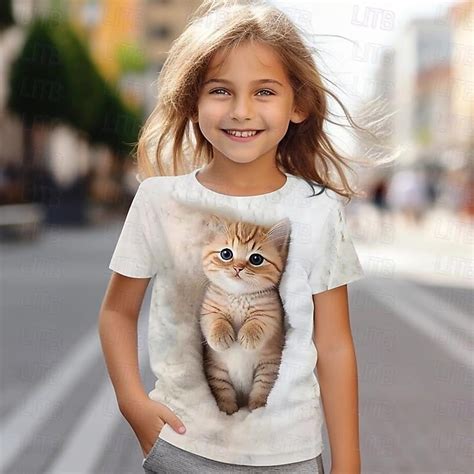 Girls' 3D Cat T shirt Tee Short Sleeve Summer Spring Fashion Basic Kids ...