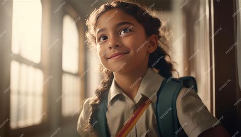 Premium AI Image | Smiling schoolgirl in hallway filled with awe