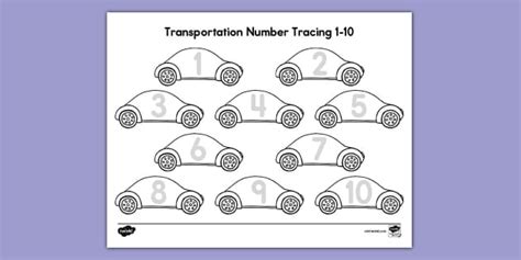 Transportation Number Tracing 1-10 Worksheet for PreK-K
