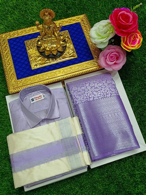 Semi Silk Saree & Cream Color Men's Dhoti Set - Couple Combo – www ...