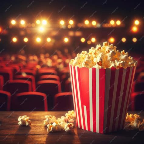 Premium Photo | Popcorn in red and white striped cardboard bucket on ...