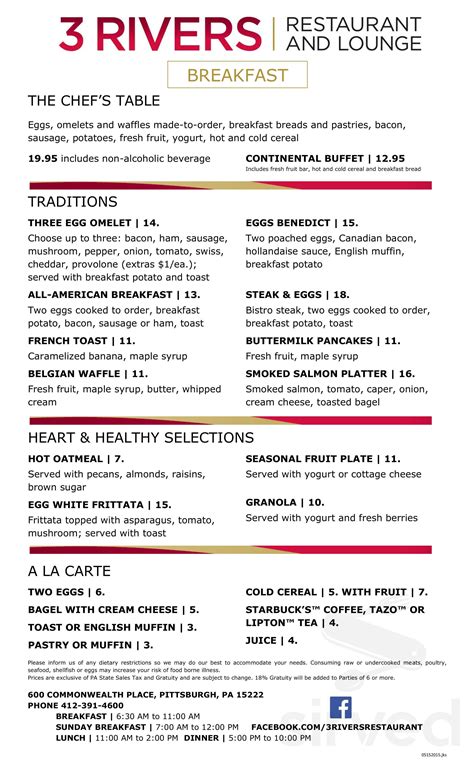 Menu for 3 Rivers | Restaurant and Lounge in Pittsburgh, PA | Sirved