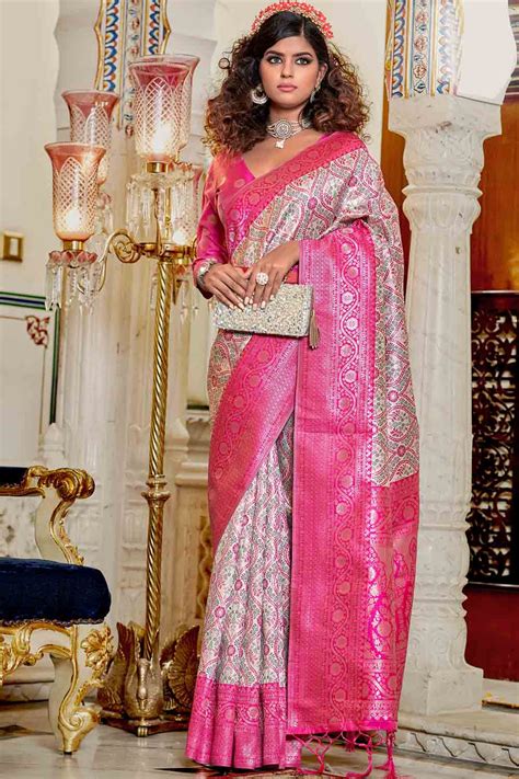 Buy Flamingo Pink Banarasi Silk Saree 52683 Online | Karagiri