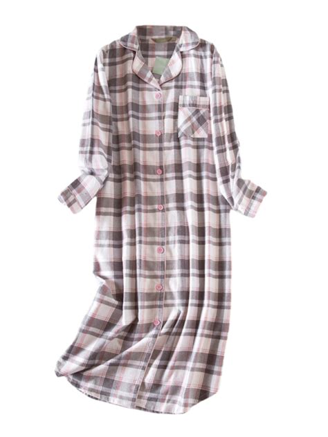 Women's Sleep Shirt Flannel Print Pajama Top Button-Front Nightshirt ...