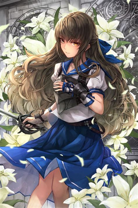 Download wallpaper 800x1200 girl, warrior, sword, lilies, anime, art ...