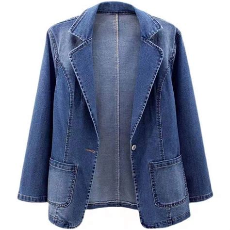 Mrat Women's Jean Jacket Lapel Denim Blazer Jacket Lapel Notch Collar ...