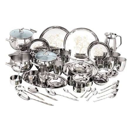 Vinod Steel Stainless Steel Dinner Set - 51 Pieces, (Silver) Combo Set ...
