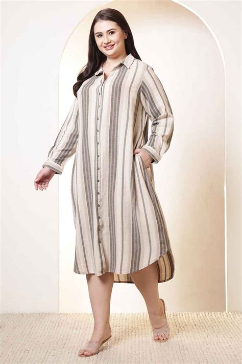 Plus Size Olive Striped Cotton Shirt Dress