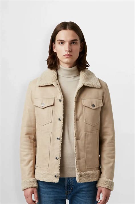 Men's Beige Shearling Leather Suede Bomber Jacket