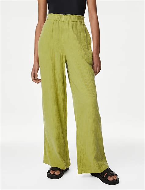 Buy Pure Cotton Wide Leg Trousers at Marks & Spencer