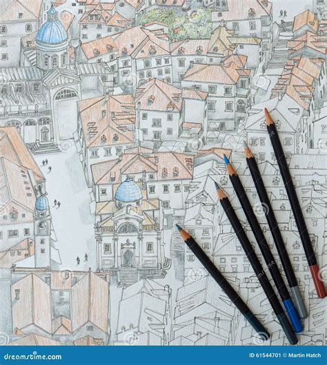 Coloured Pencils on a Coloured Pencil Drawing of Dubrovnik. Stock ...
