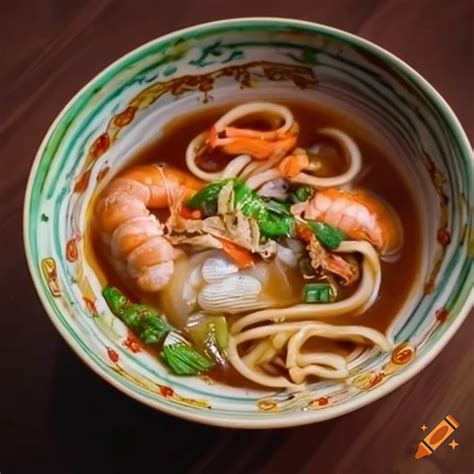 Bowl of Chinese seafood noodle dish on Craiyon