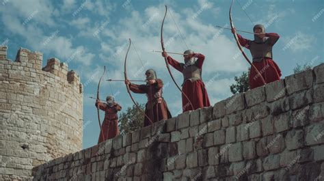 Group of archers on an ancient fortress wall drawing bows capturing the ...