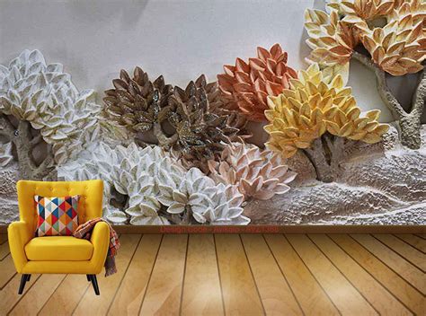 Avikalp Exclusive AVZ1388 3D Embossed Fortune Tree Flying Bird Backgro ...