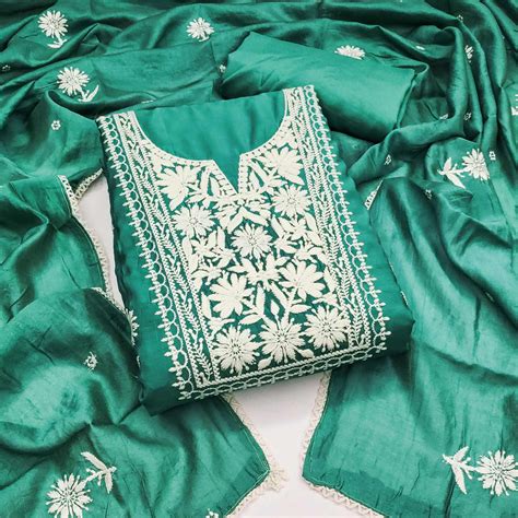 Sea Green Blossom Embroidered Viscose Fabric for Effortless Style