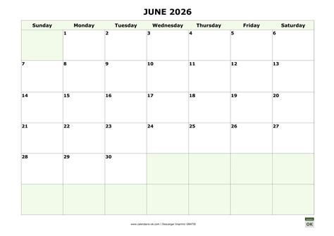CALENDARIO 【JUNIO 2026】 para IMPRIMIR en PDF GRATIS ️
