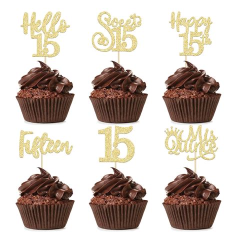 36Pcs 15th Birthday Cupcake Toppers Sweet 15 Hello 15 Cake Toppers ...