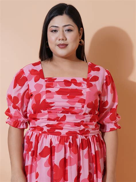 U&F Beyond Women Plus size Georgette Sweetheart Neck Puff Sleeves Tier