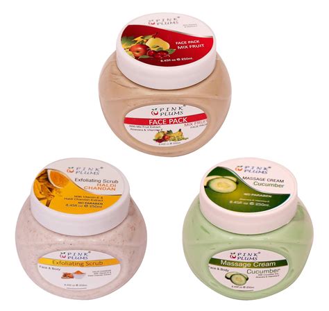 PINK PLUMS Mix-Fruit Face Pack | Haldi Chandan Scrub | Cucumber Massage ...
