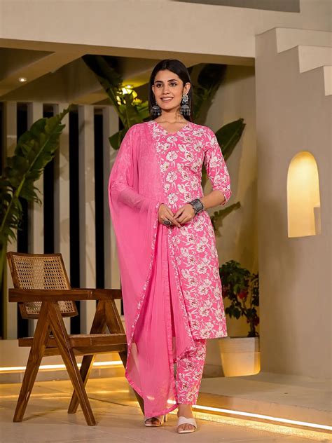 Pink Floral Print Cotton Straight Kurta With Trousers And Dupatta Set ...