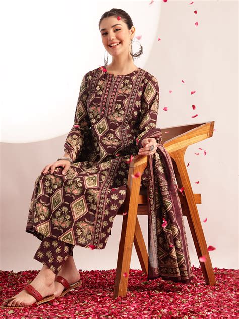 Wine Floral Print Fit & Flare Cotton Kurta, Pant With Dupatta – Vbuyz