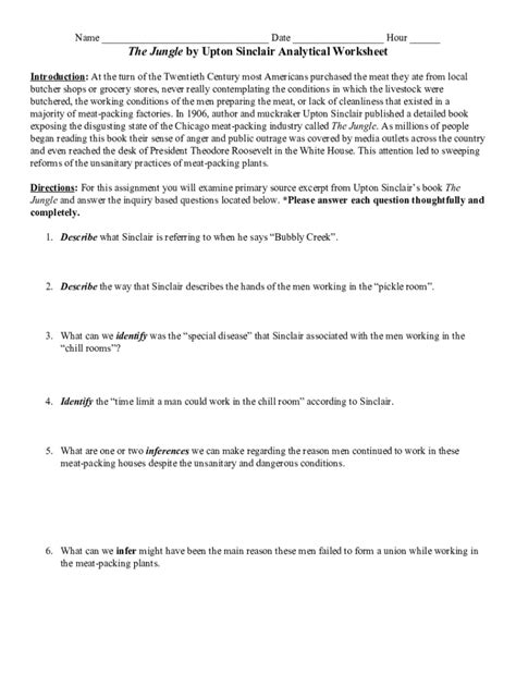 Fillable Online The Jungle? by Upton Sinclair Analytical Worksheet Fax ...