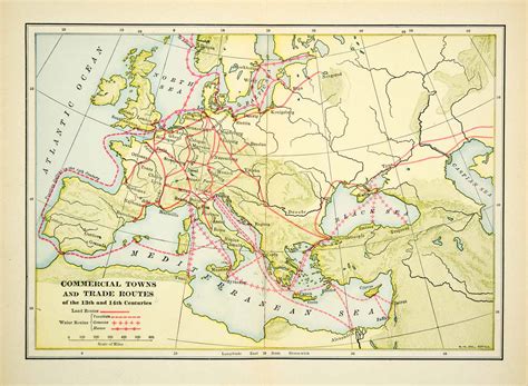 1929 Print Antique Map Medieval Middle Ages Europe Commercial Trade ...