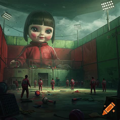 A giant doll from Squid Game overlooks players in numbered tracksuits ...