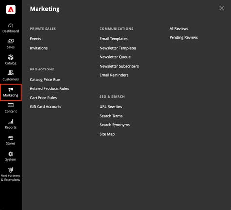 Menu Marketing | Adobe Commerce