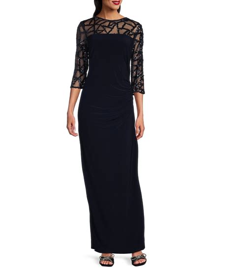 Le Bos Stretch Sequin Lace Mesh Crew Neck 3/4 Illusion Sleeves Back Slit Column Dress | Dillard's
