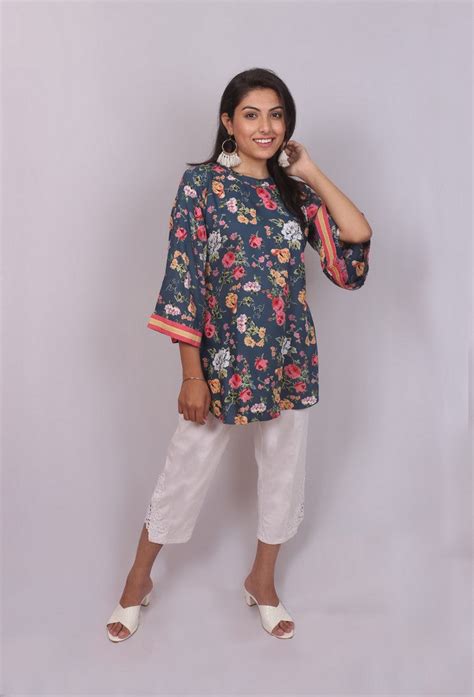 Floral Printed Bell Sleeved Short Kurti – Rui Boutique Mumbai