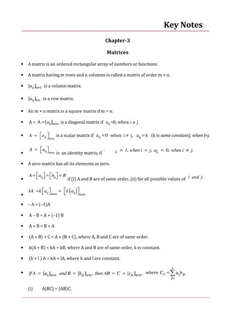 12 maths key notes ch 03 matrices - Key Notes Chapter- Matrices • A ...