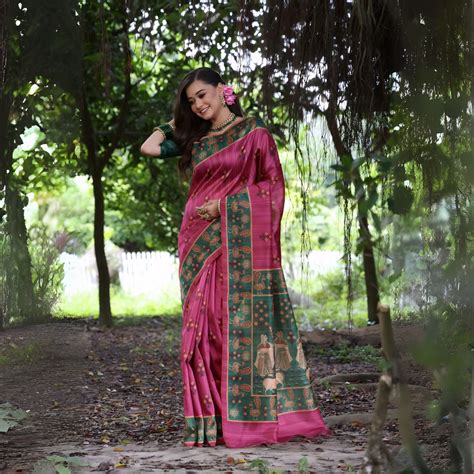 Dark Pink Green Printed Tussar Silk Saree – Kalyanja