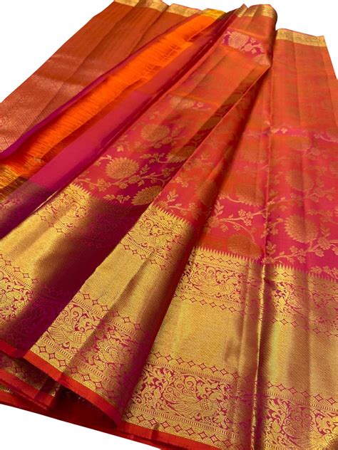 Shop Now: Pink & Orange Kanjeevaram Handloom Silk Saree - 20% Off!