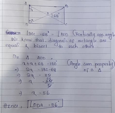 The diagonal of a rectangle ABCD intersect at O. If angle BOC =68 ...