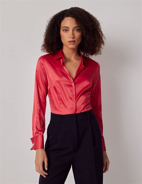 Women's Red Fitted Satin Shirt - French Cuff | Hawes & Curtis