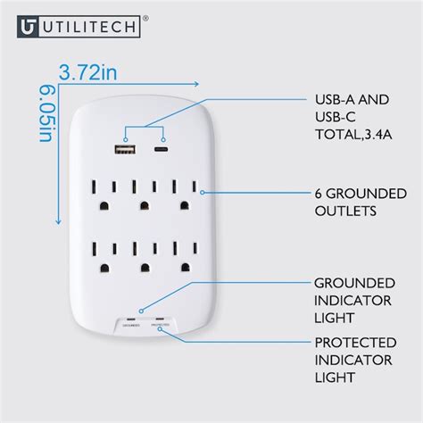 Utilitech 6-Outlet 900 Joules 1875-Watt 1875Va White Indoor Usb and Ac ...