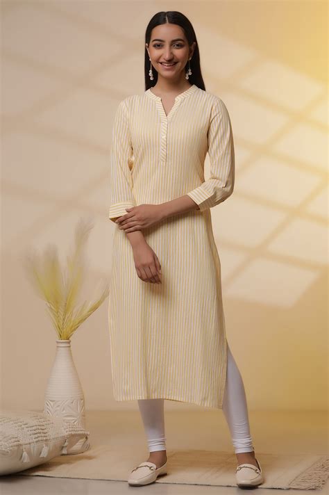 Buy Yellow and White Striped Cotton Kurex Kurta and Tight Set Online ...