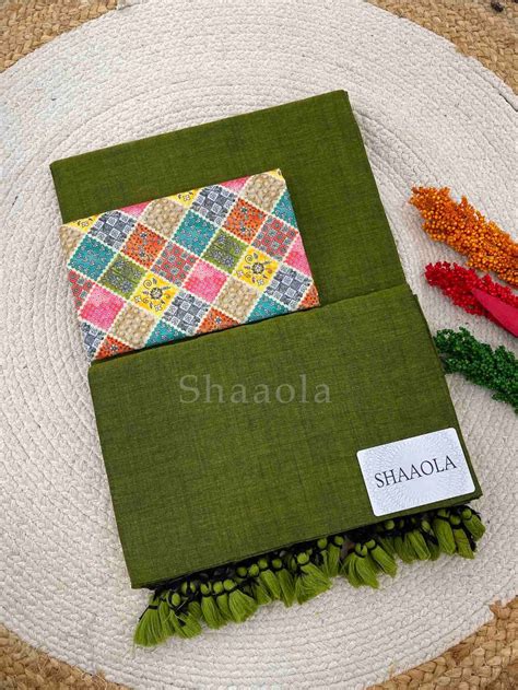 Mehendi Khadi Saree With Designer Blouse - Shaaola.com