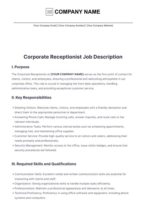 Free Corporate Receptionist Job Description Template to Edit Online