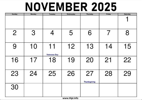 2025 November Calendar Printable with Holidays - Hipi.info