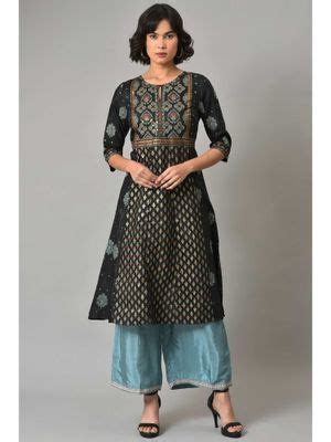 Buy W Black Floral Kurta-Parallel Pant (Set of 2) Online