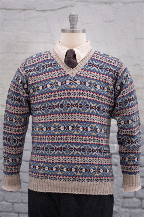 Grey Blue Fair Isle Shetland Wool Knitted V-neck Pullover 'Paul ...